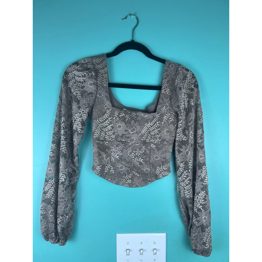 Altar’d State Taupe Lace Long Sleeve Corset Hem Top — Square Neck — XS